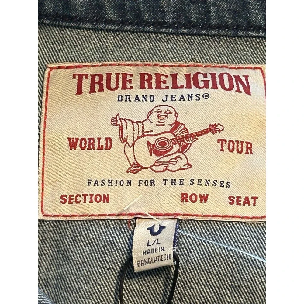 True Religion JESSE SN Patch Trucker Jacket Light Blue Denim LARGE -NWT!